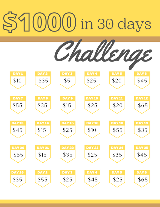 A poster with the words '$1000 in 30 Days Challenge' by Wondermom Printables.