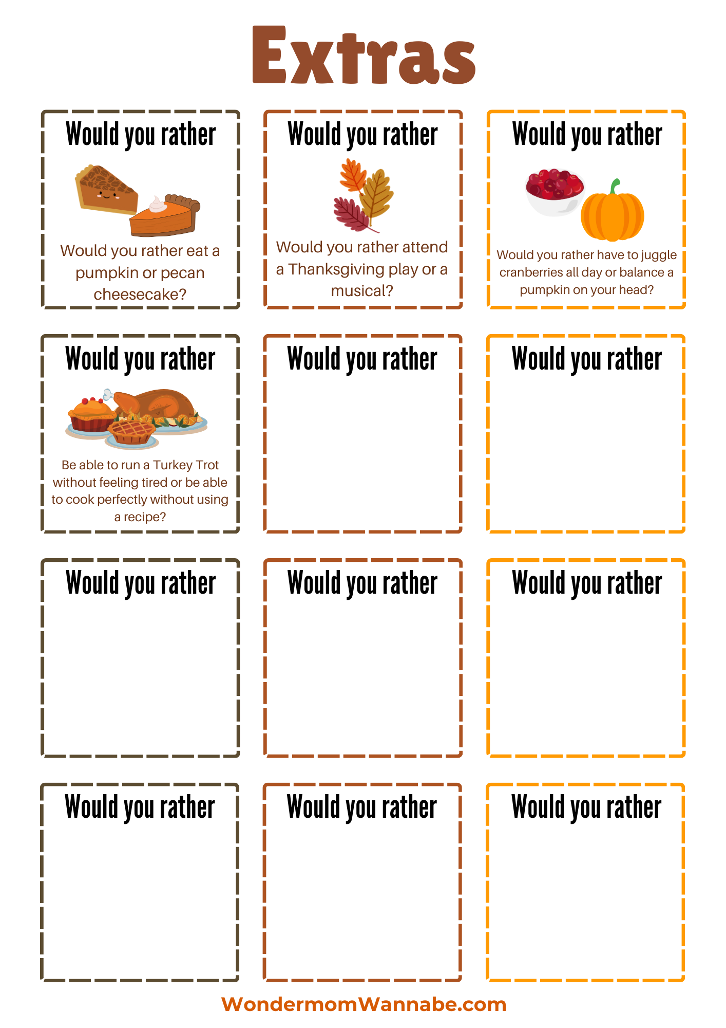 Printable Thanksgiving extras worksheet featuring VIP Vault's Thanksgiving Would You Rather Questions prompts.