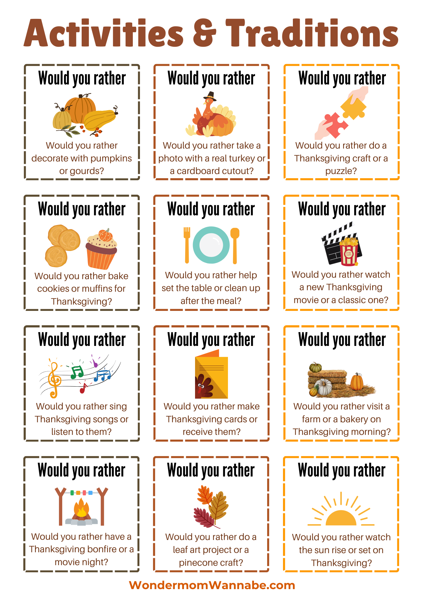 Printable Thanksgiving activities including VIP Vault's Thanksgiving Would You Rather Questions game.