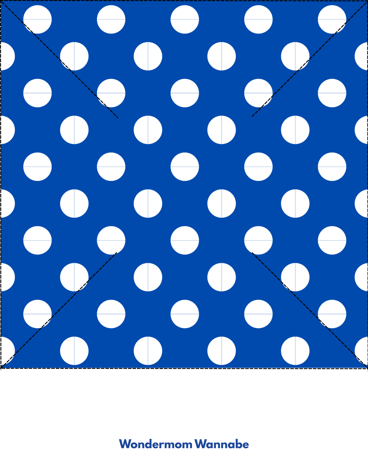 Blue square with white polka dots, dashed X and vertical lines, plus "Wondermom Shop" text—ideal for your Easy 4th of July Pinwheel Craft for Kids or other patriotic projects.
