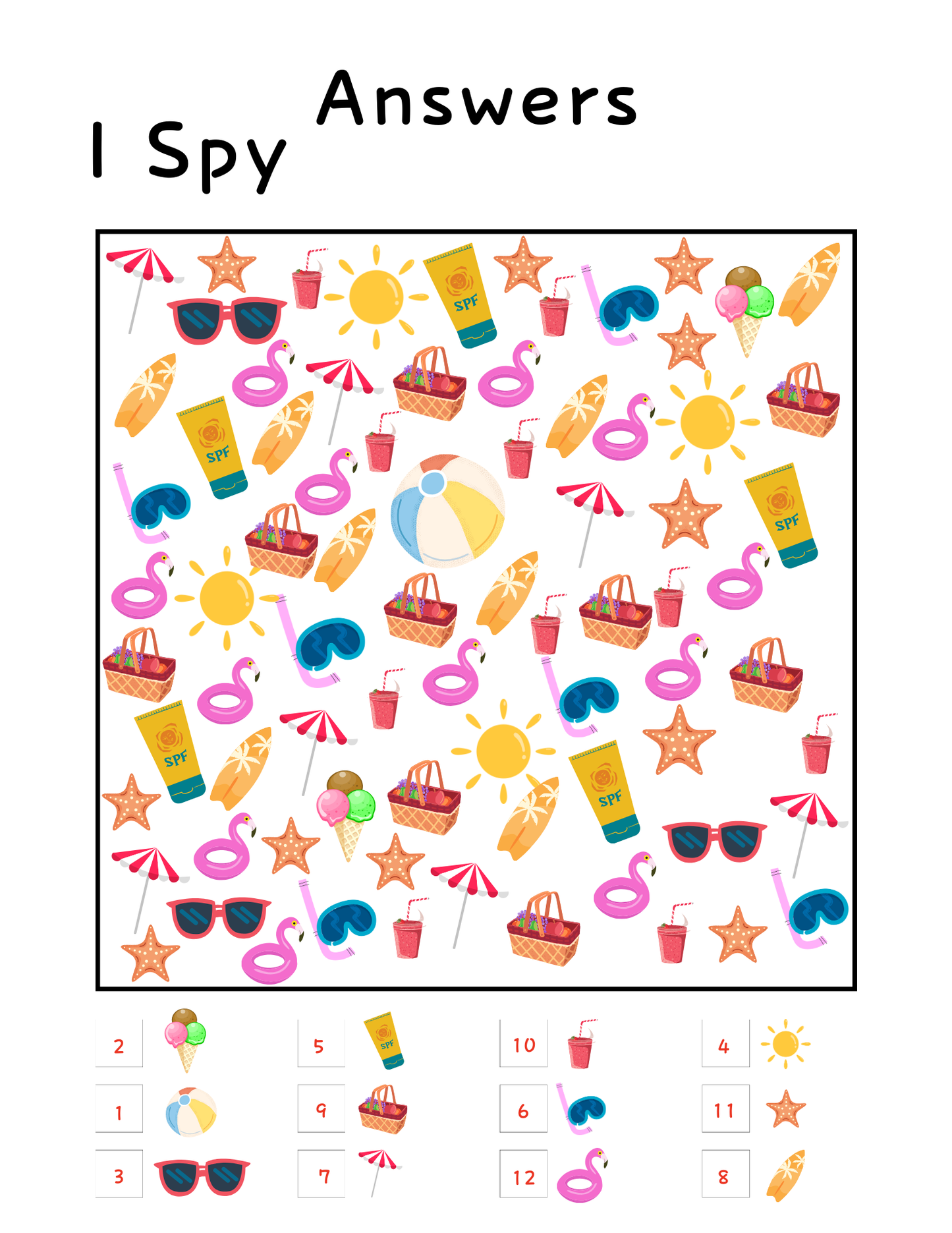 The Printable Summer Activity Book by Wondermom Shop features a summer-themed I Spy answer sheet with images like sunglasses, sunscreen, baskets, and suns—each counted in a box below. A fun, screen-free activity for kids!.