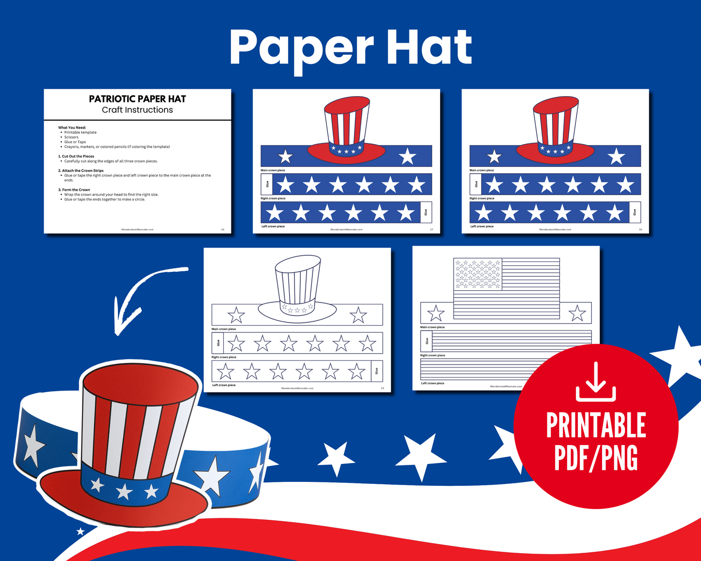 Wondermom Shop's "Stars, Stripes & Scissors: 4th of July Crafts for Kids" is a printable kit with hat templates and instructions in color and outline (PDF/PNG). Great for Independence Day or patriotic crafts.