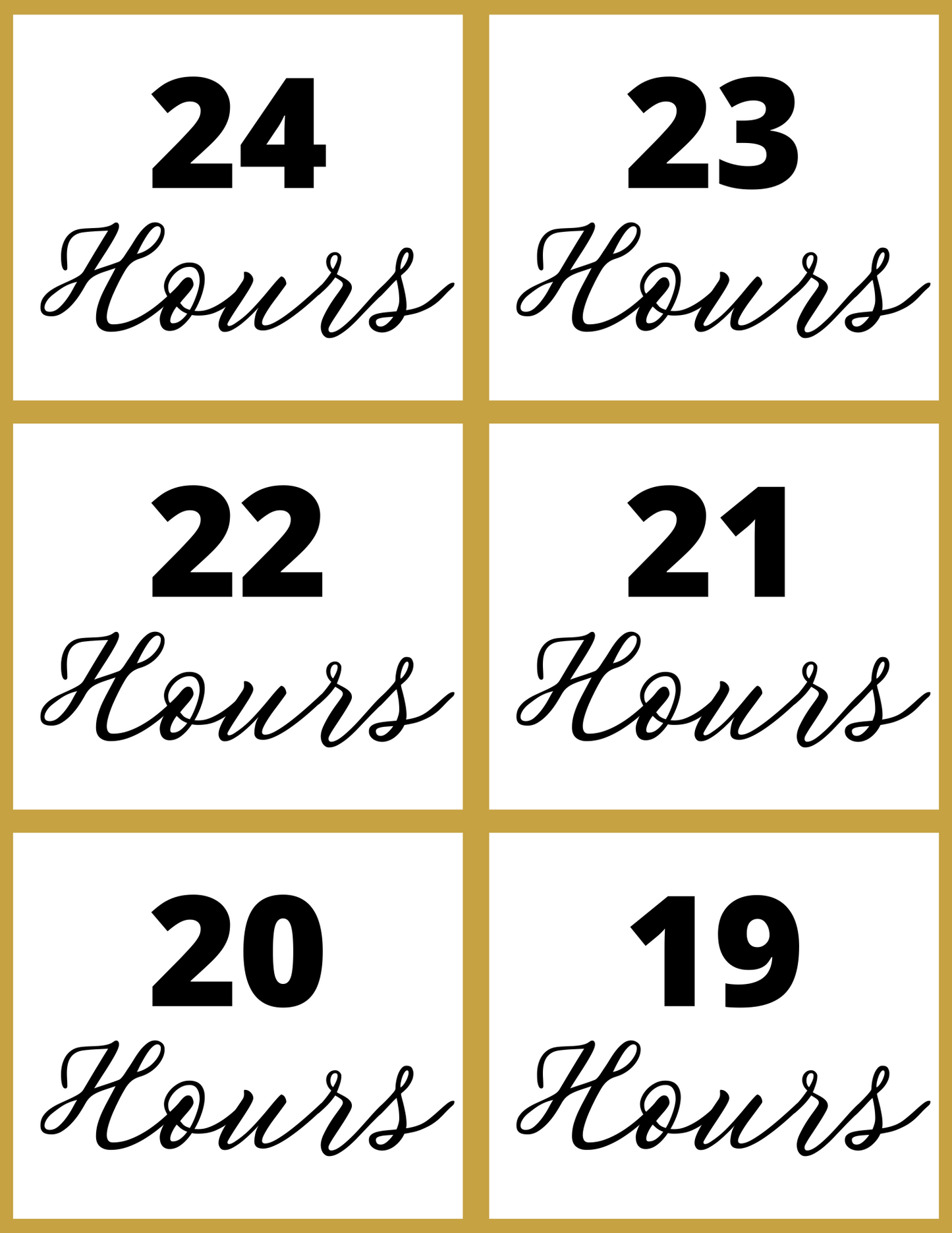 Enhance festivities with Wondermom Shop's New Year Countdown Kit—an interactive printable featuring a stylish grid of six boxes displaying bold script hours: 24, 23, 22, 21, 20, and 19.