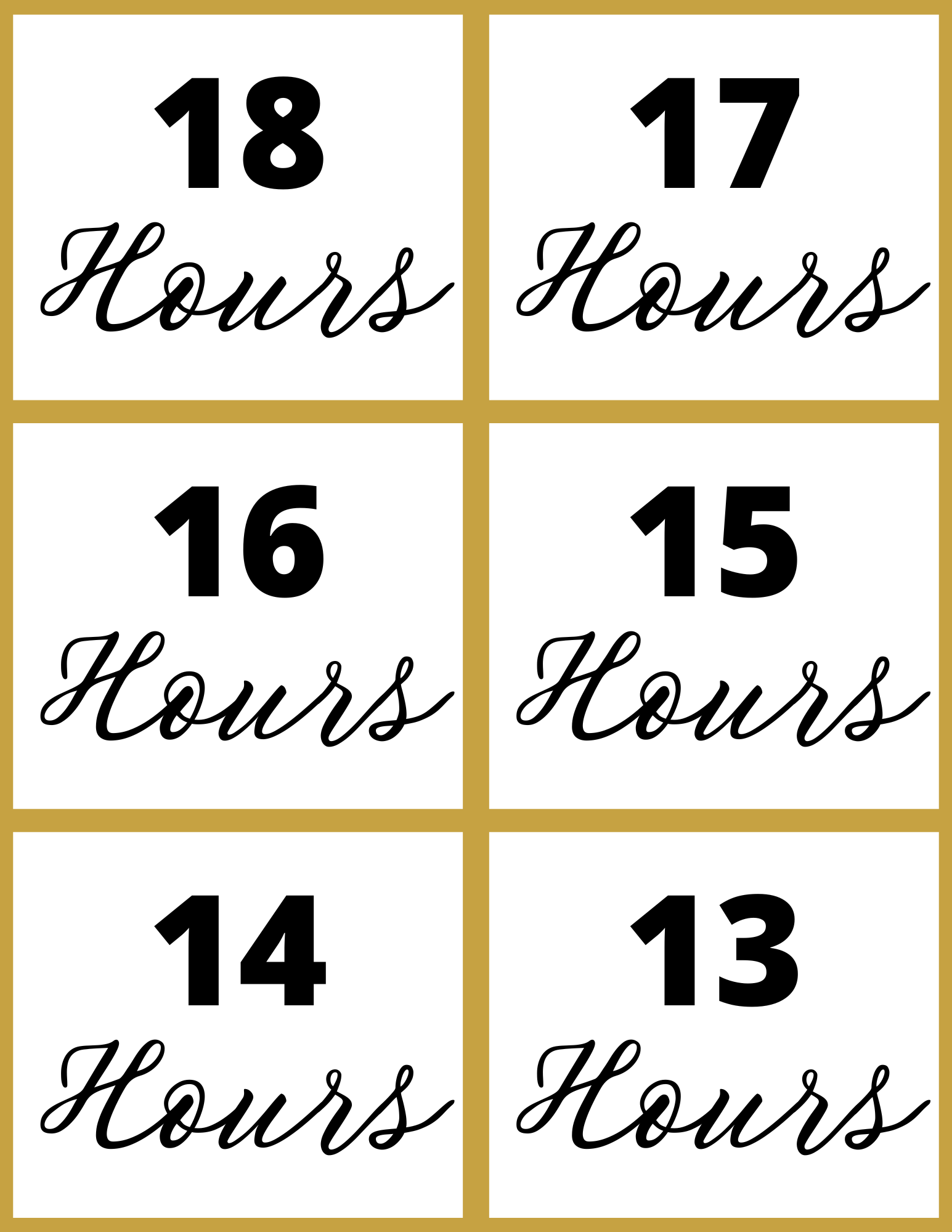 The New Year Countdown Kit by Wondermom Shop features a grid showing numbers 18 to 13 hours, each labeled "Hours" in script font. This interactive printable is perfect for festive countdowns.