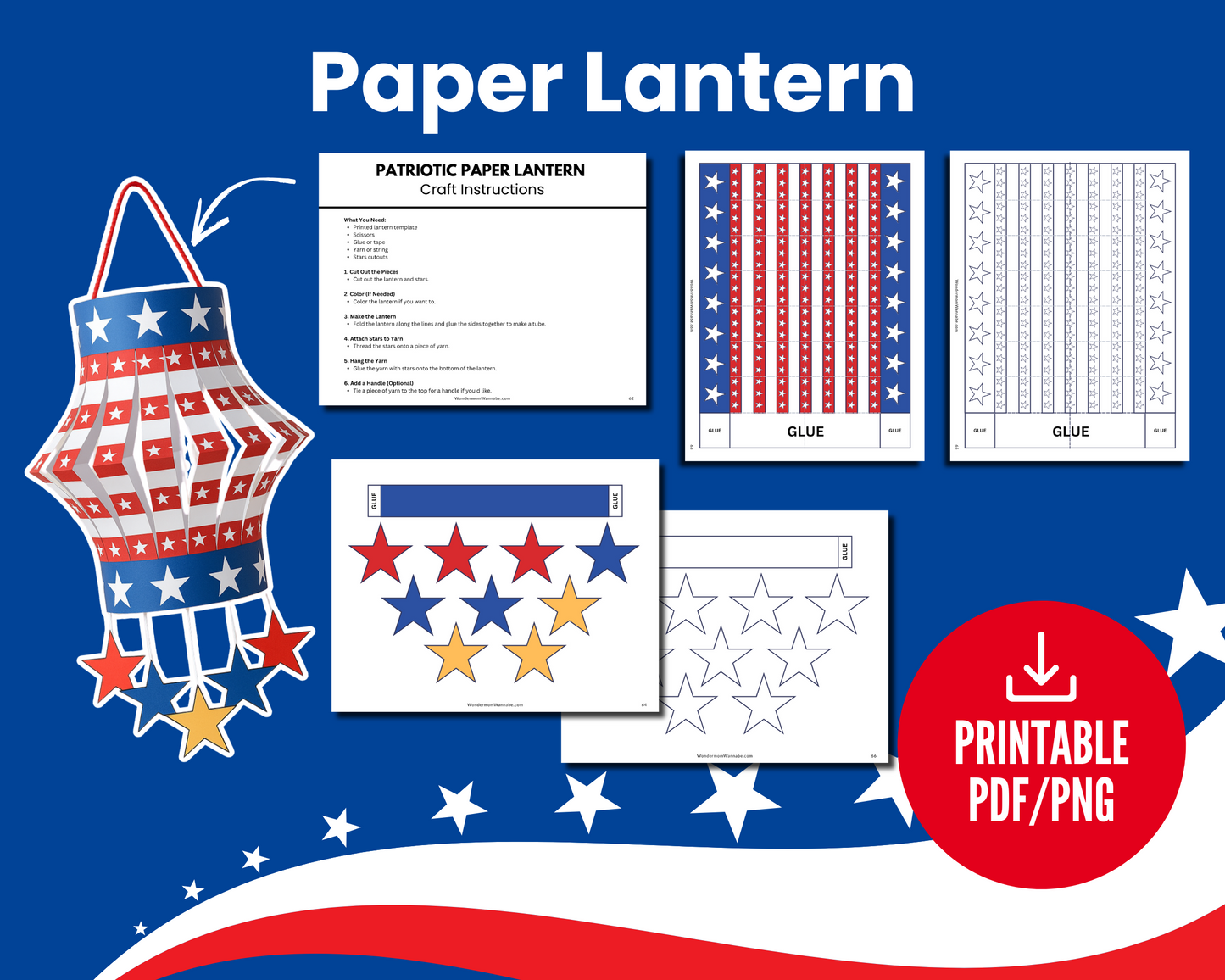 Image of "Stars, Stripes & Scissors: 4th of July Crafts for Kids" by Wondermom Shop—a printable PDF/PNG kit with Independence Day-themed red, white, and blue designs, craft instructions, and star cutouts.