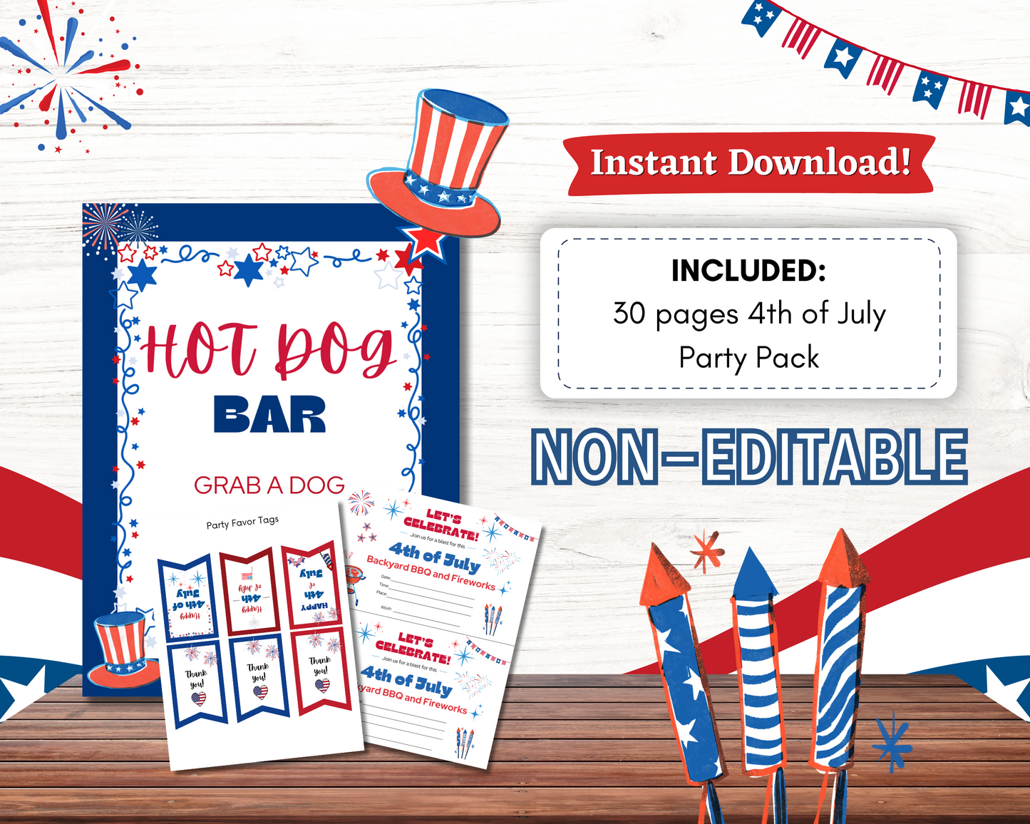 Celebrate Independence Day with the Printable 4th of July Party Pack by Wondermom Shop—includes a “Hot Dog Bar” sign, labels, and rocket decor in patriotic red, white & blue designs. Perfect for your party! NON-EDITABLE.