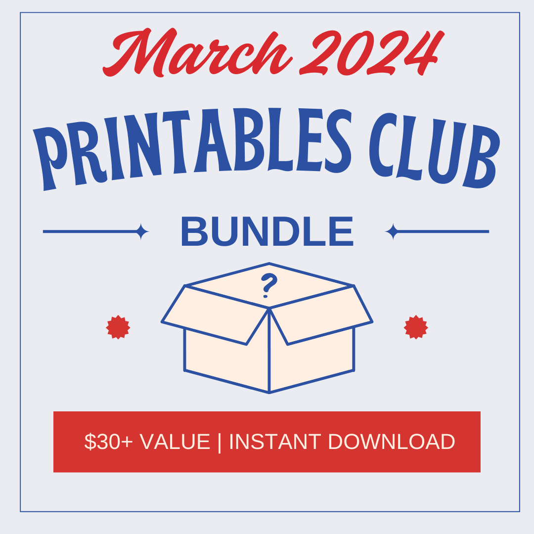 Graphic featuring the Wondermom Shop’s March 2024 Printables Club Bundle—spring printables and kids’ activities in an illustrated box. Showcases $30+ value with instant download.