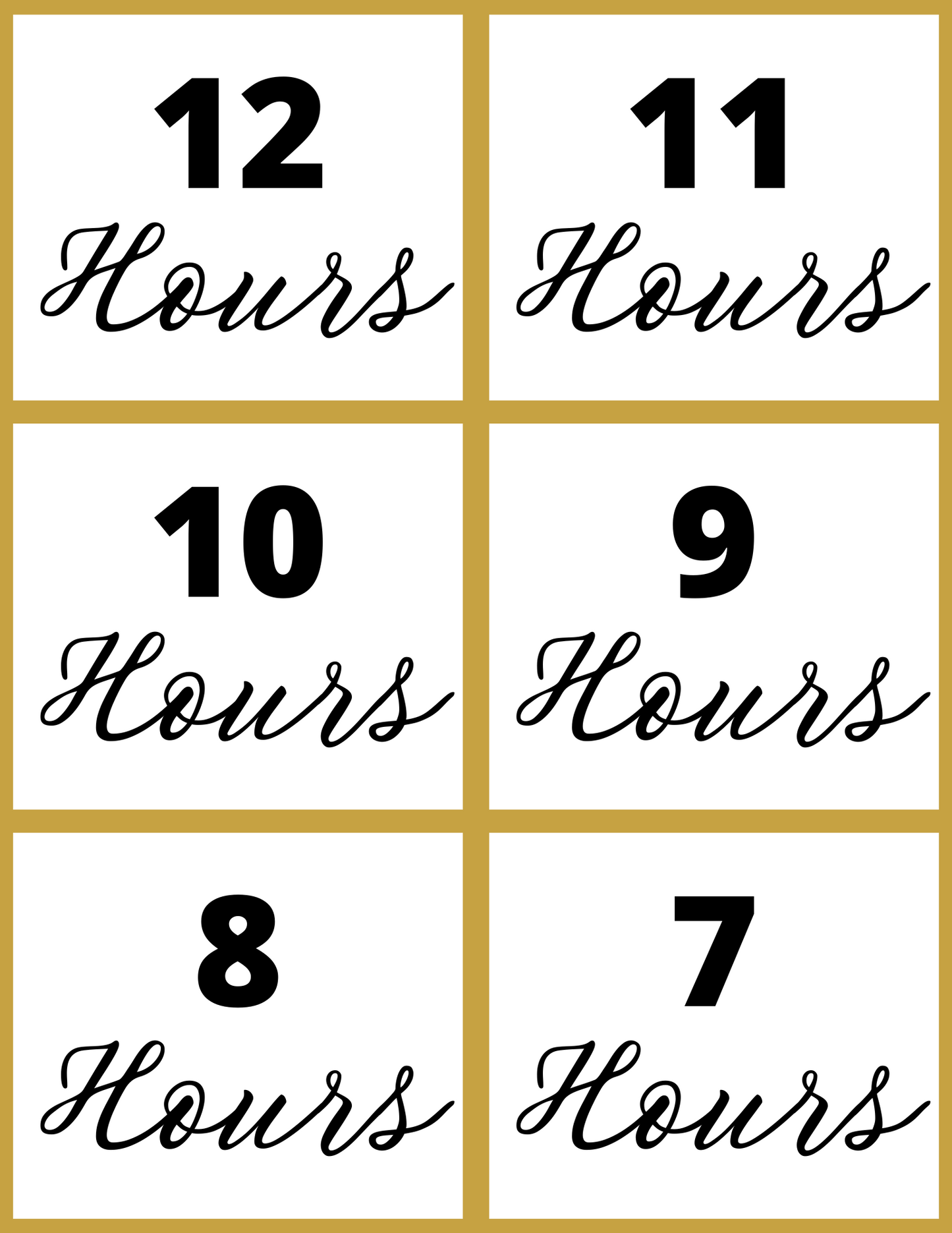 An interactive printable from Wondermom Shop's New Year Countdown Kit features a grid with six squares, each labeled "Hours" in script. Bold numbers 12, 11, 10, 9, 8, and 7 are displayed above them—an ideal addition to your celebration.