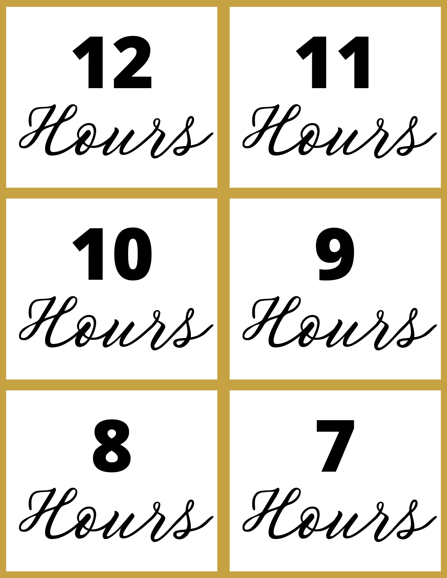 An interactive printable from Wondermom Shop's New Year Countdown Kit features a grid with six squares, each labeled "Hours" in script. Bold numbers 12, 11, 10, 9, 8, and 7 are displayed above them—an ideal addition to your celebration.
