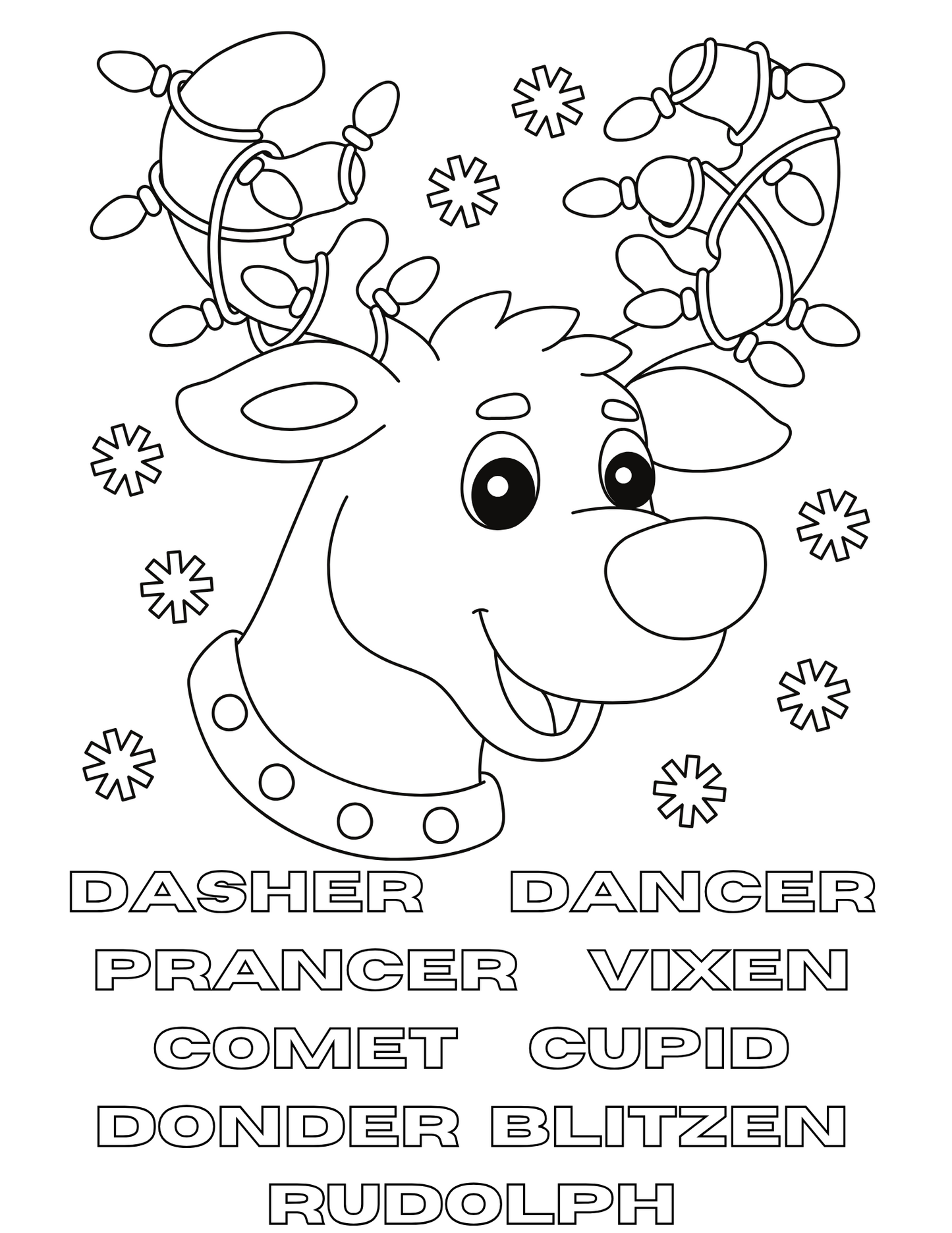 A festive Christmas coloring page featuring a reindeer from the Wondermom Shop's Christmas Coloring Pages.