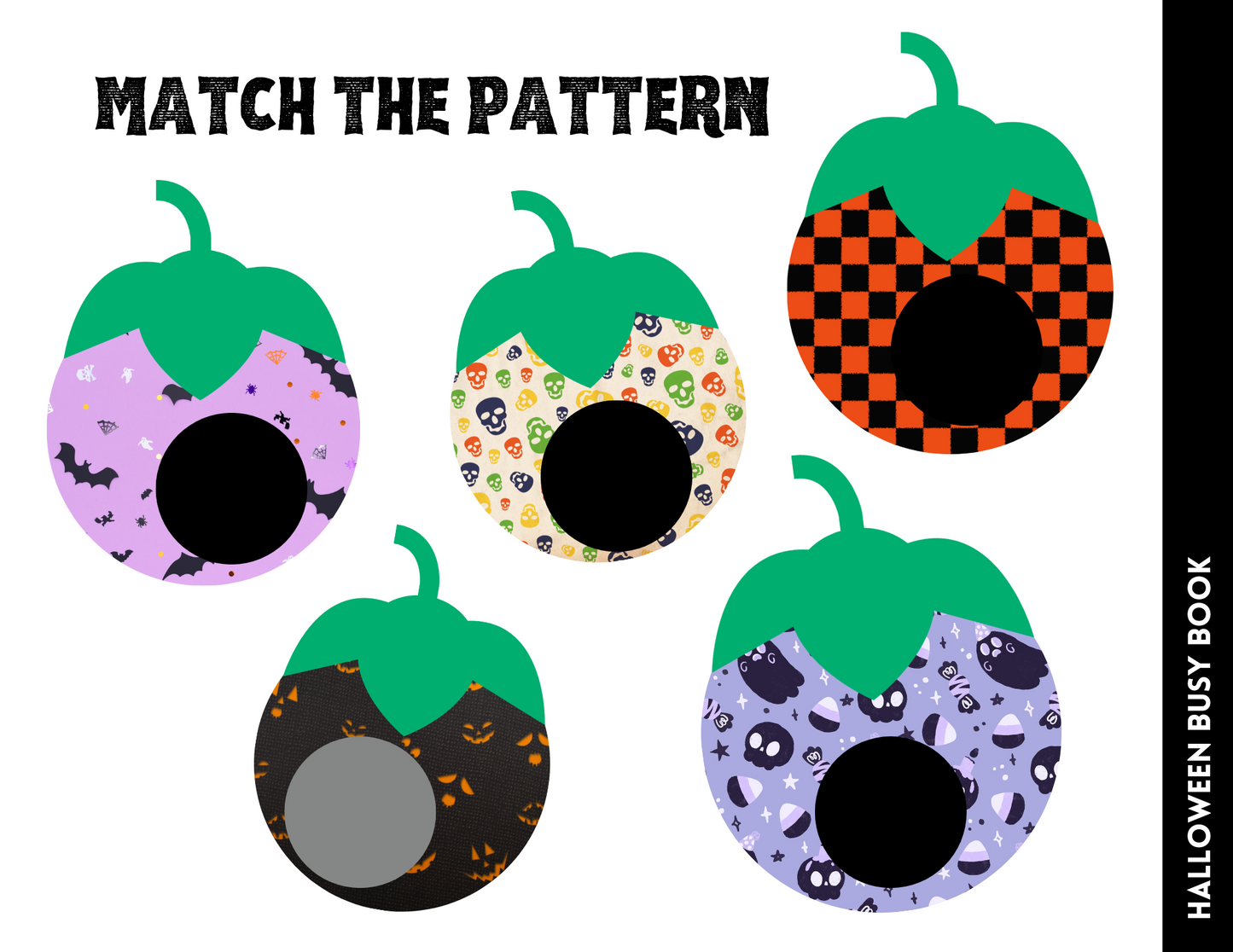 Explore the Halloween Busy Book for Kids by Wondermom Shop, featuring five unique pumpkin-shaped patterns with a variety of Halloween-themed designs. Challenge yourself to match each pattern to the correct cut-out shape on the right, making it an ideal way to learn through play.