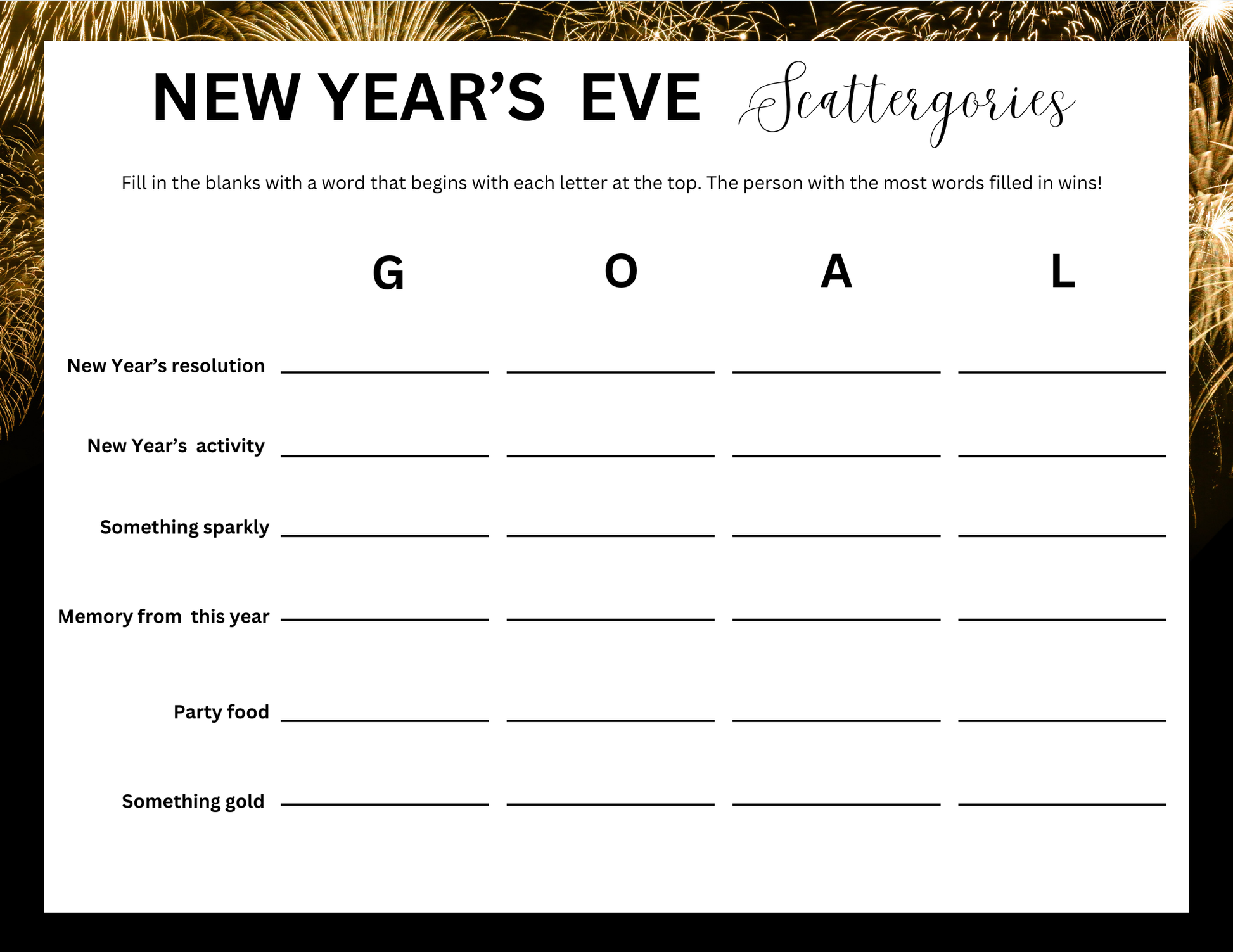 Wondermom Shop's New Year's Eve Scattergories features a festive game card with blank lines to write words starting with G, O, A, L under categories like resolution, memory, and party food against a backdrop of fireworks—perfect for the season's celebrations.