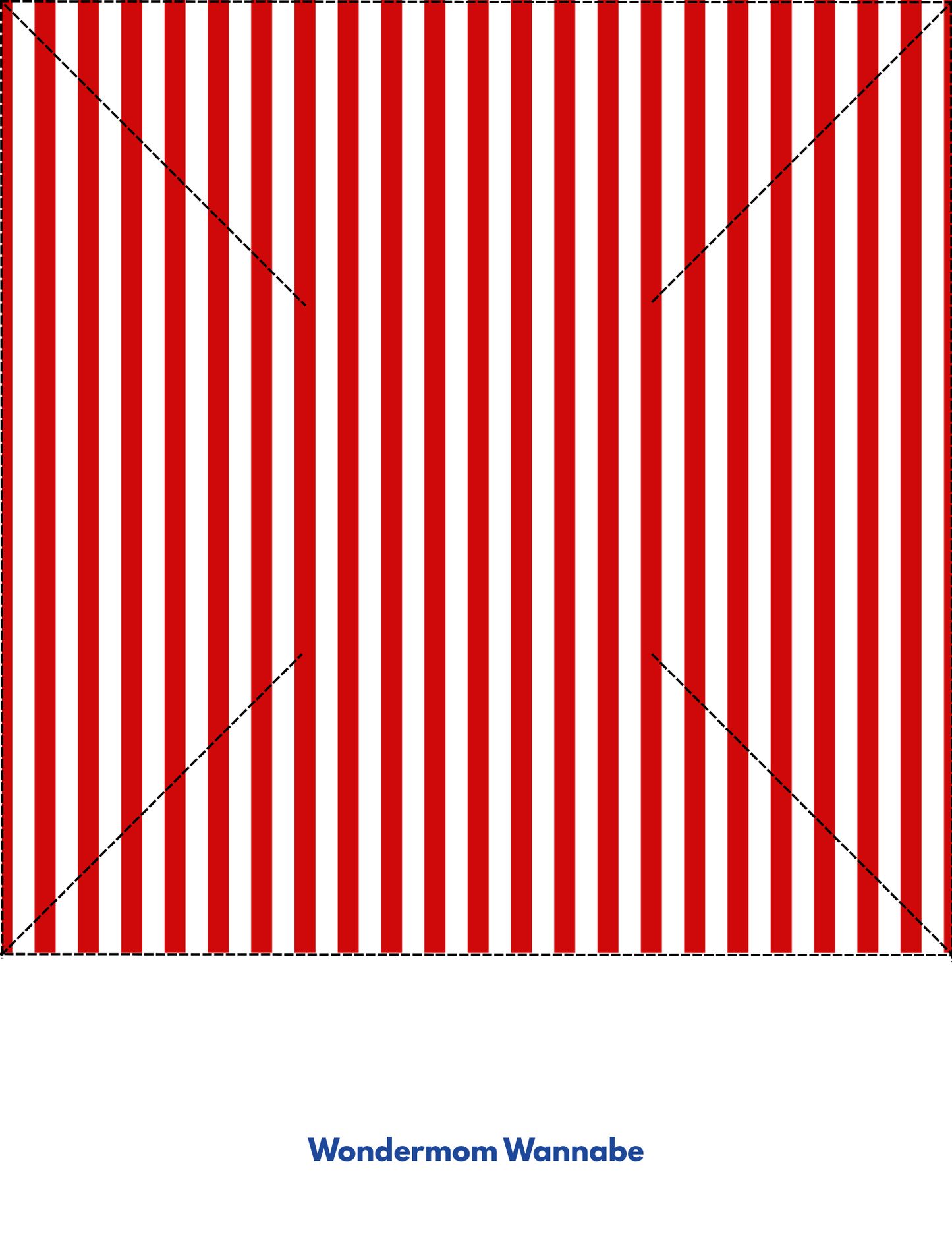 The Easy 4th of July Pinwheel Craft for Kids from Wondermom Shop features red and white vertical stripes with dashed black lines in an X. "Wondermom Wannabe" appears in blue below—ideal for 4th of July crafts or printables.