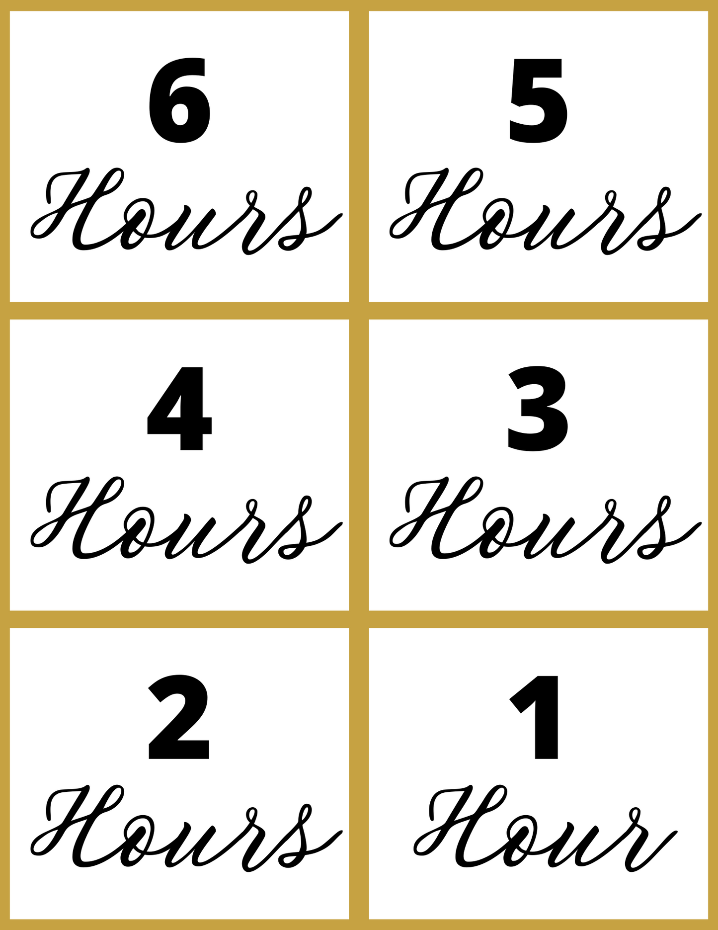 The New Year Countdown Kit from Wondermom Shop includes an interactive printable countdown board with boxes labeled from 6 to 1 Hours, arranged neatly in two columns.
