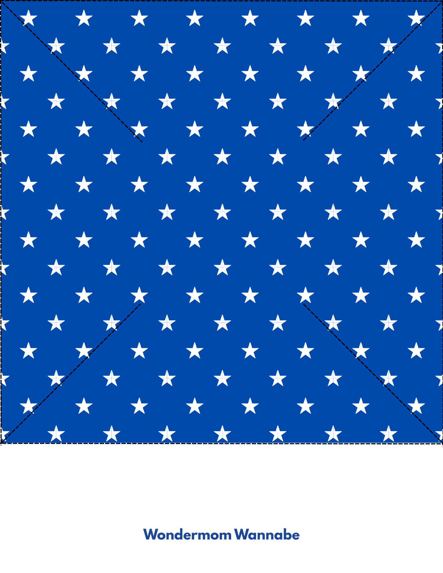 Blue background with white stars, crossed by two diagonal dashed lines in an X. "Wondermom Shop" appears at the bottom. Ideal for 4th of July crafts like the Easy 4th of July Pinwheel Craft for Kids.