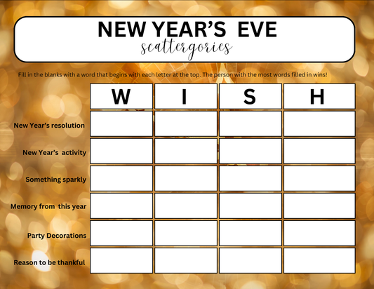 The Wondermom Shop's New Year's Eve Scattergories is a printable activity with columns for W, I, S, H. Categories include resolution, activity, sparkly items, memories, decorations, and reasons to be thankful.