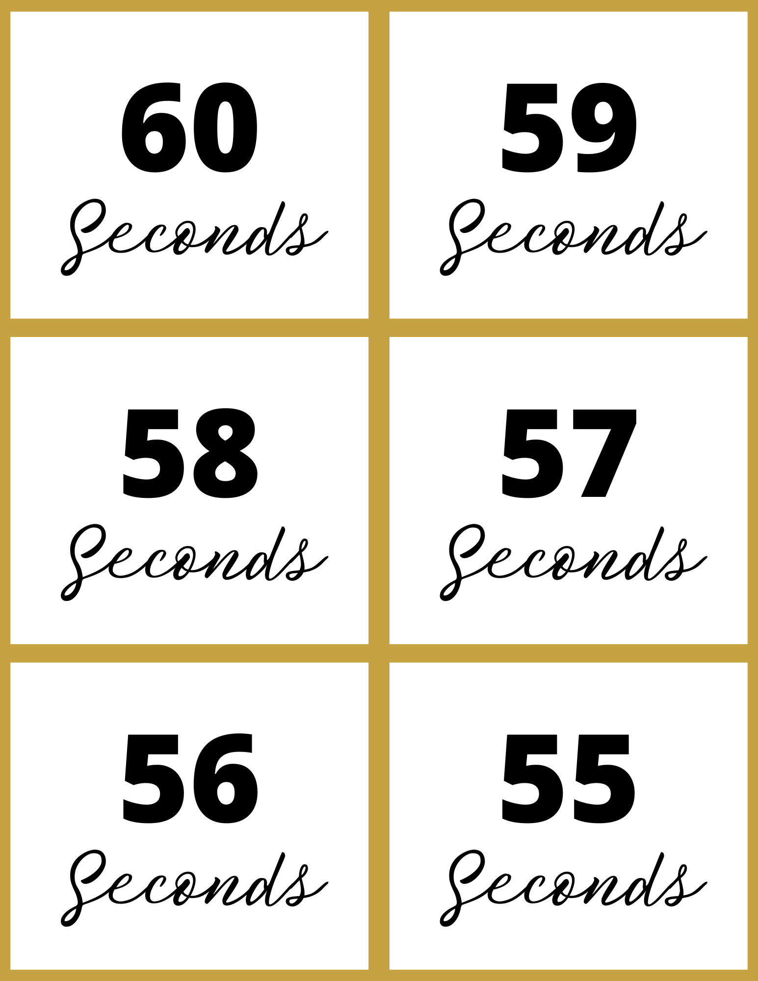 Experience the excitement with Wondermom Shop's New Year Countdown Kit. Numbers 60 to 55 seconds appear interactively in a grid, accented by "Seconds" in cursive beside bold digits.