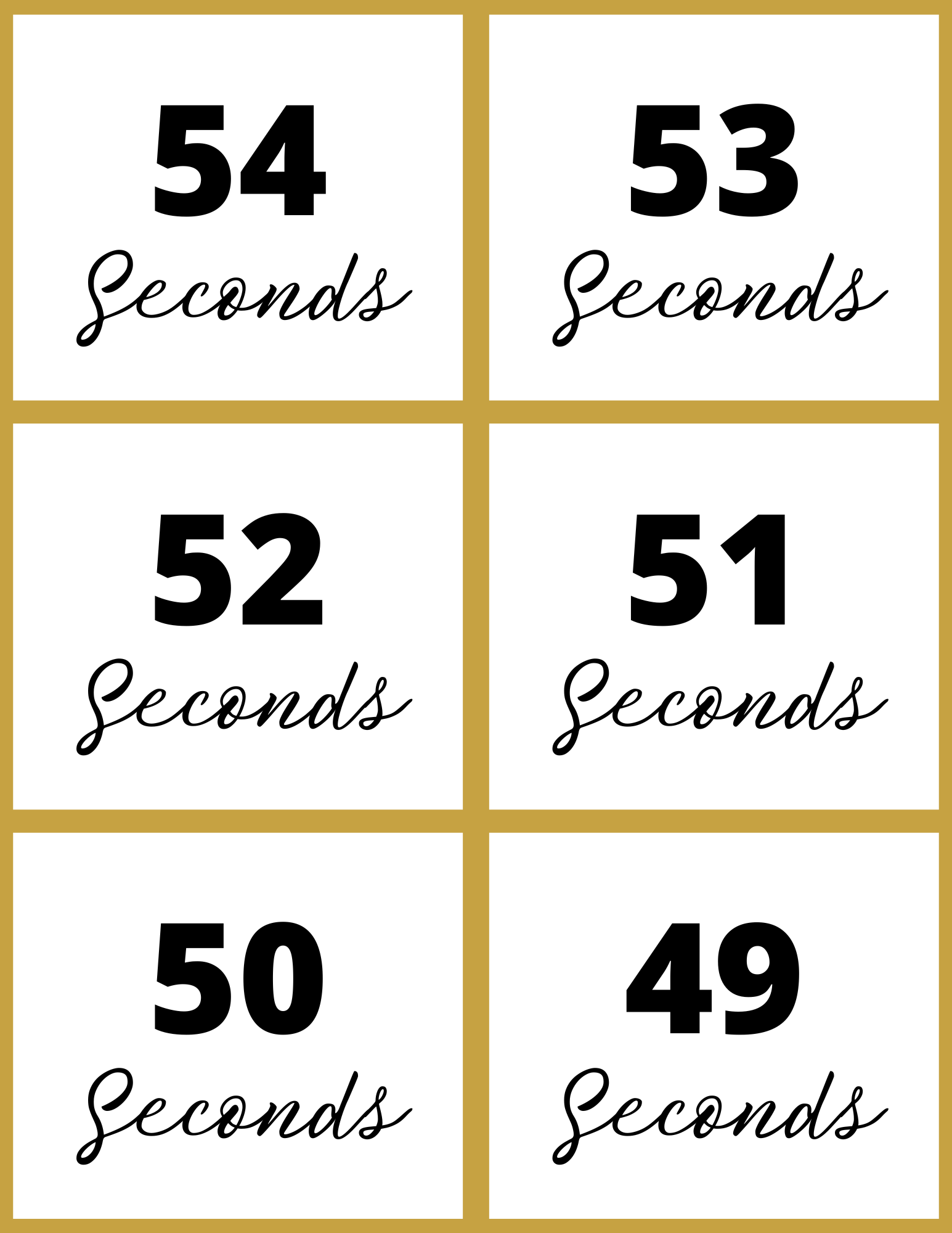 Enjoy a captivating countdown from 54 to 49 seconds in a chic 2x3 grid. Each number, followed by "Seconds" in cursive font, perfectly complements your New Year Countdown Kit by Wondermom Shop.