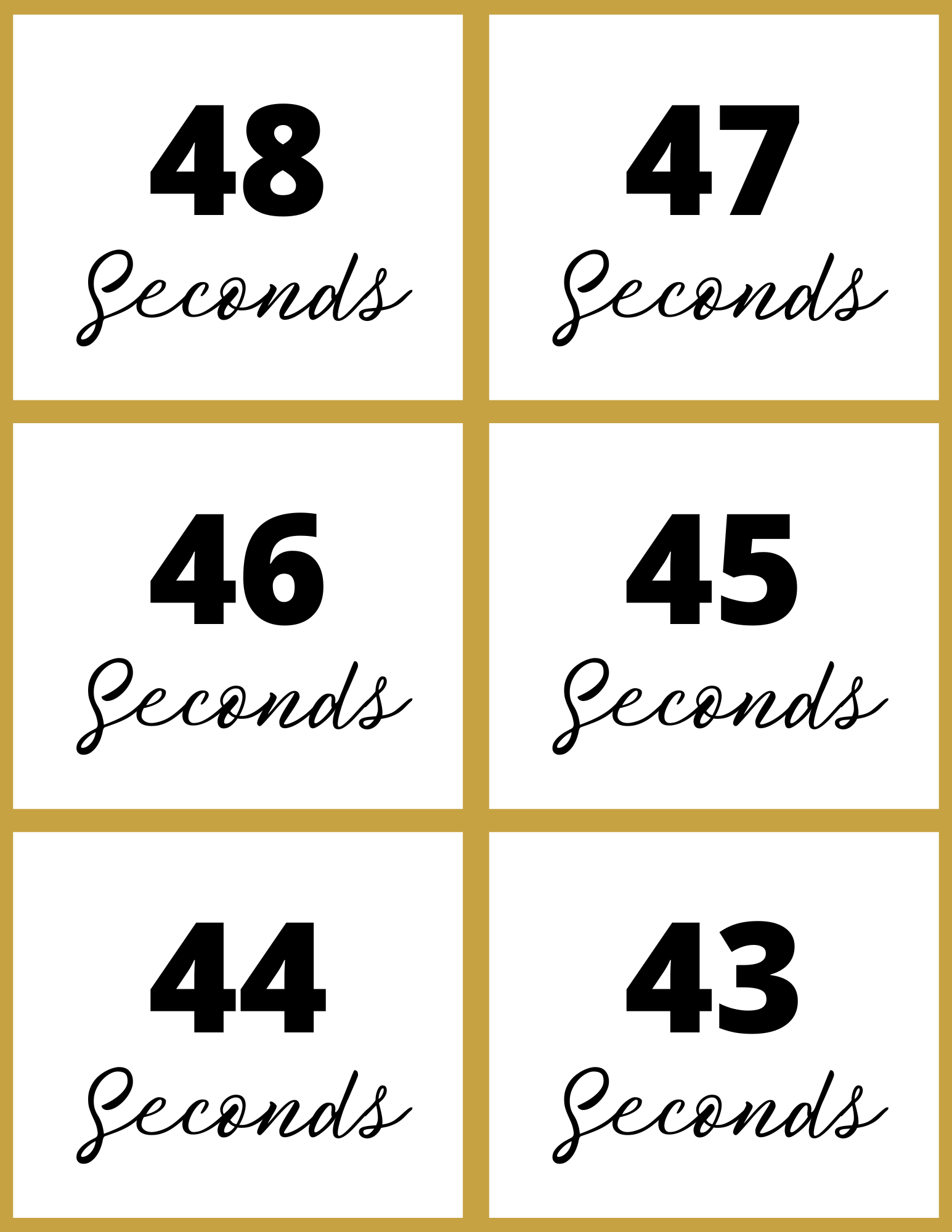 The Wondermom Shop's New Year Countdown Kit includes a dynamic template that counts down from 48 to 43 seconds, displayed in six boxes, each decreasing by one second. Ideal for an interactive printable experience or as part of your customized countdown celebration.