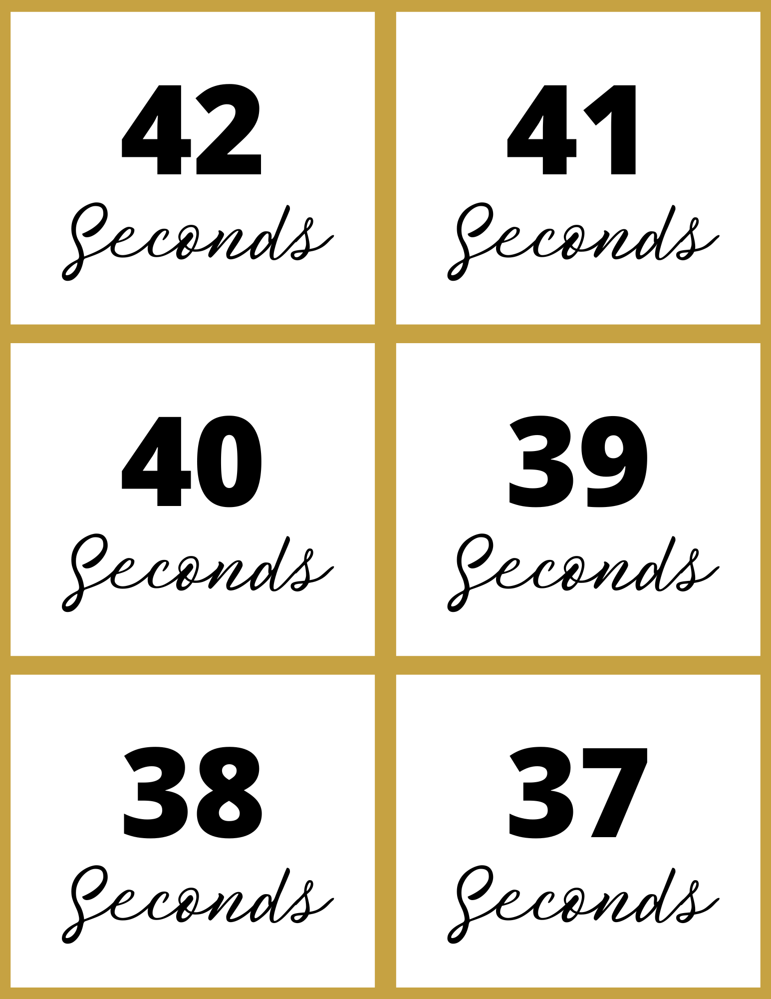 Count down from 42 to 37 seconds with six boxes, each featuring the word "Seconds" in cursive. Ideal for interactive printables or inclusion in Wondermom Shop's New Year Countdown Kit.