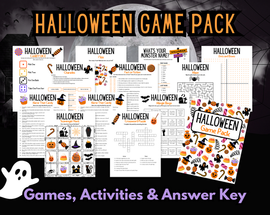 The Ultimate Printable Halloween Game Pack from Wondermom Shop features a variety of spooky fun activities and an answer key, including a candy dice game, scavenger hunt, word search, and more. Decorative graphics and a ghost icon add flair for a hauntingly good time!
