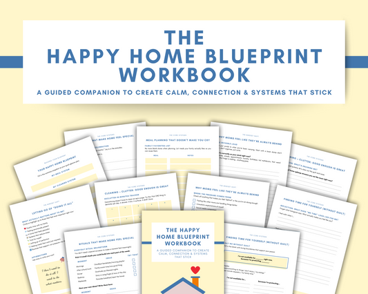 The Wondermom Shop’s The Happy Home Blueprint Workbook: Printable Tools to Simplify Your Home Life is shown with its cover and pages, featuring digital PDF worksheets and guides to help you create a calmer, more organized home.