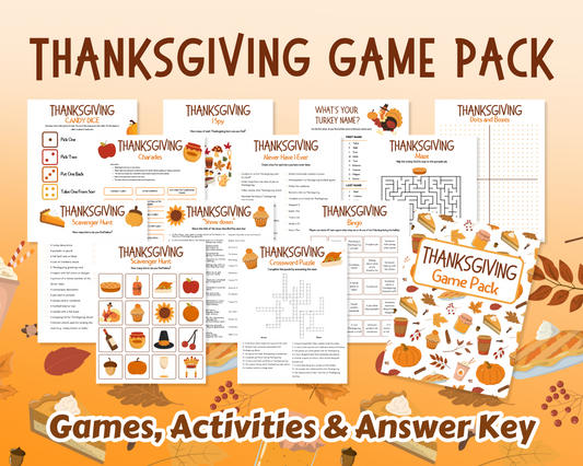 The Ultimate Printable Thanksgiving Game Pack by Wondermom Shop delivers a range of entertaining family gathering activities such as crosswords, mazes, dice games, and character sheets. The pack features a background rich with autumnal decorations and food motifs, setting a festive and welcoming atmosphere for your holiday celebrations.