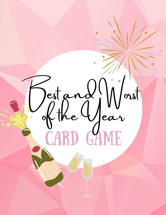 The Wondermom Shop's "Best and Worst of the Year" card game features a champagne bottle, glasses, and fireworks on a pink geometric background, perfect for sparking meaningful conversations at New Year's celebrations.