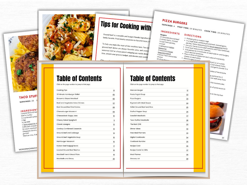 The Wondermom Wannabe Family Favorite Ground Beef Recipes Digital Cookbook is open to the table of contents, with extra pages displaying easy ground beef recipes and cooking tips arranged behind it.