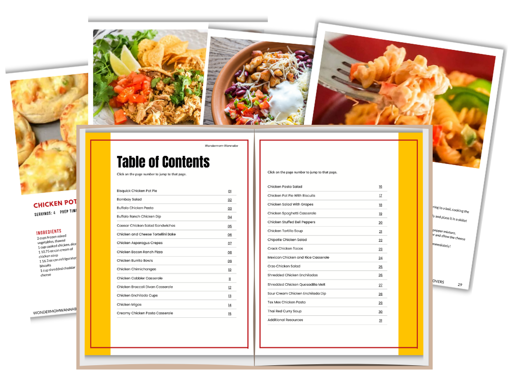 The Wondermom Wannabe Family Favorite Rotisserie Chicken Makeovers Digital Cookbook is shown open to the table of contents, with pages featuring images and easy chicken recipes perfect for family meals.