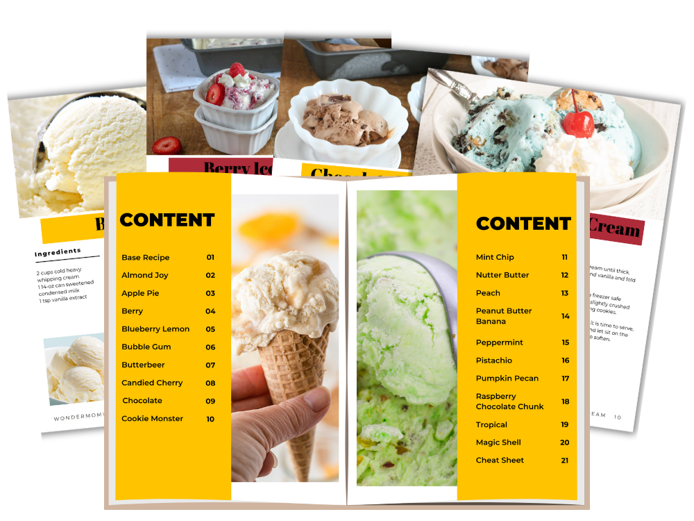 Wondermom Wannabe No Churn Ice Cream Recipes Digital Cookbook brochure template featuring a scoop of homemade frozen treats.