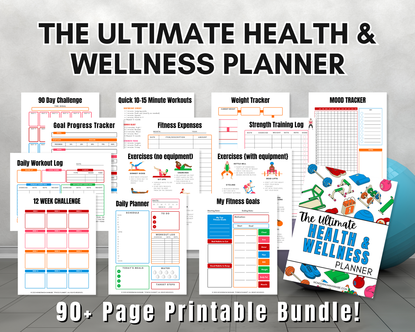 A collage features printable planner pages for health and wellness, such as habit trackers, meal plans, and fitness logs. The text reads: "Wondermom Shop's Ultimate Health & Wellness Planner - 90+ Page Printable Bundle!.