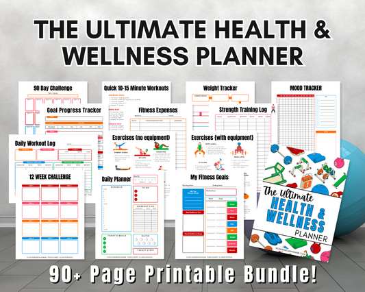 A collage features printable planner pages for health and wellness, such as habit trackers, meal plans, and fitness logs. The text reads: "Wondermom Shop's Ultimate Health & Wellness Planner - 90+ Page Printable Bundle!.
