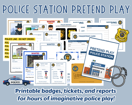 Embark on a thrilling adventure with the Police Station Pretend Play set from Wondermom Shop. This imaginative collection includes badges, tickets, reports, and a variety of law enforcement-themed items for endless role-playing excitement.