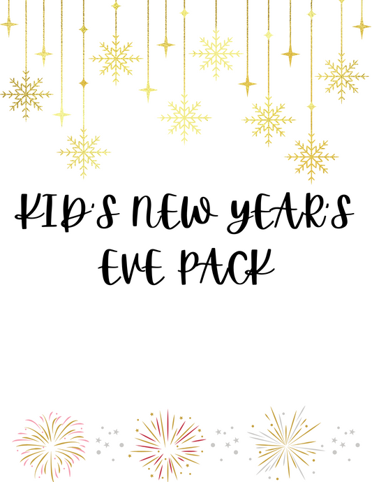 Kid’s New Year’s Eve Pack" by Wondermom Shop features decorative text with gold stars, snowflakes above, colorful fireworks below, and engaging activity pages for reflection and goal-setting.