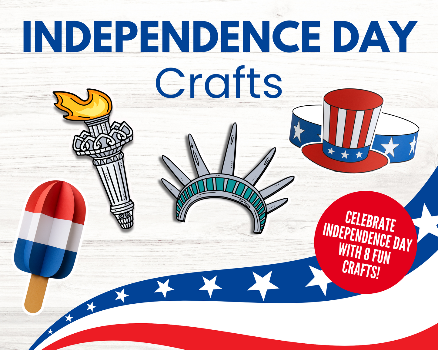 Celebrate with Wondermom Shop’s "Stars, Stripes & Scissors: 4th of July Crafts for Kids"—8 patriotic projects, including a torch, Statue of Liberty crown, popsicle, and star-spangled hat. Includes an optional printable craft kit!.