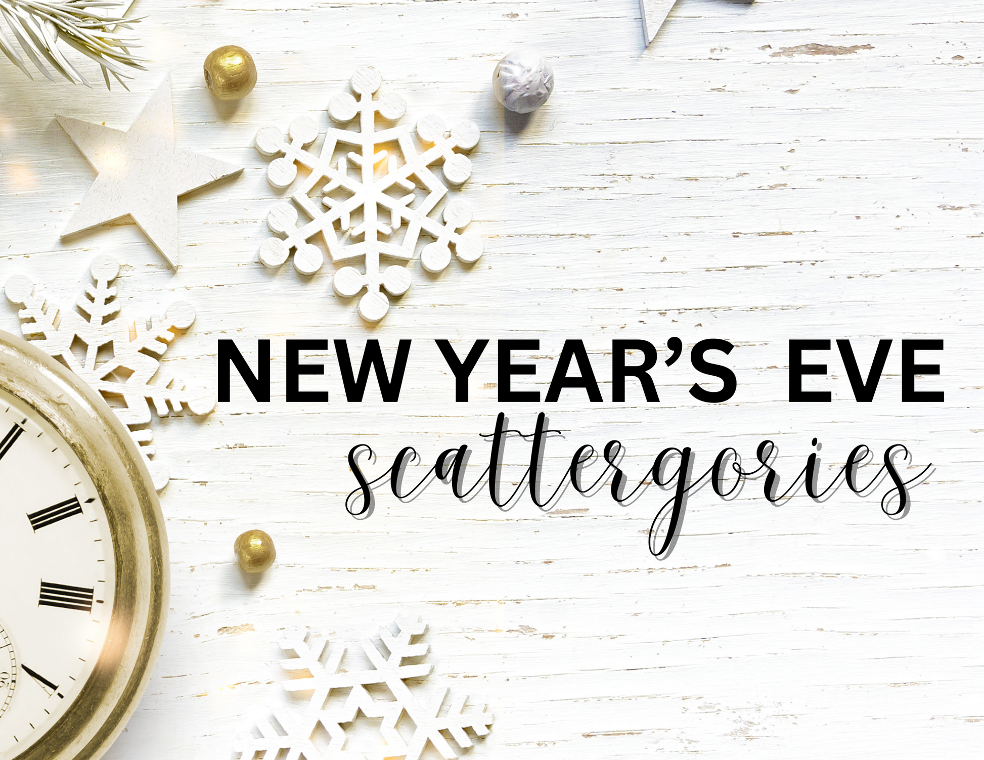 The Wondermom Shop's New Year's Eve Scattergories features a printable game card with snowflakes, stars, and a clock on a wooden backdrop, offering fun for everyone as the countdown begins.