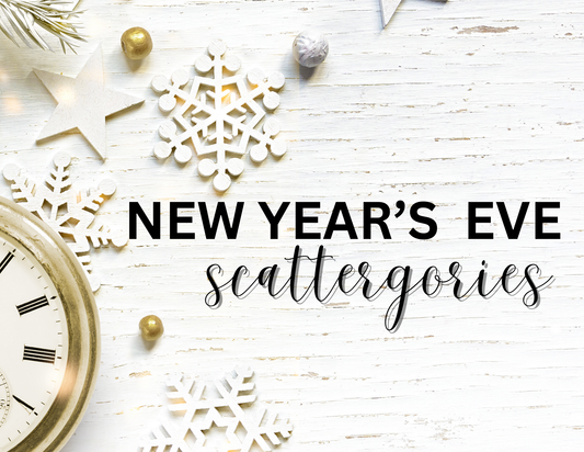 The Wondermom Shop's New Year's Eve Scattergories features a printable game card with snowflakes, stars, and a clock on a wooden backdrop, offering fun for everyone as the countdown begins.