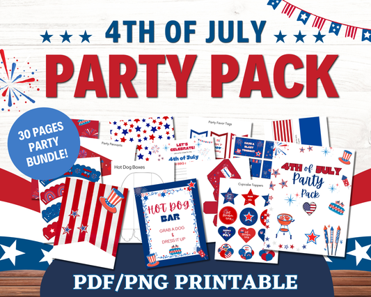 Celebrate Independence Day with the Printable 4th of July Party Pack from Wondermom Shop! This 30-page set features red, white, and blue star-themed decor—hot dog boxes, favor tags, cupcake toppers, and more.