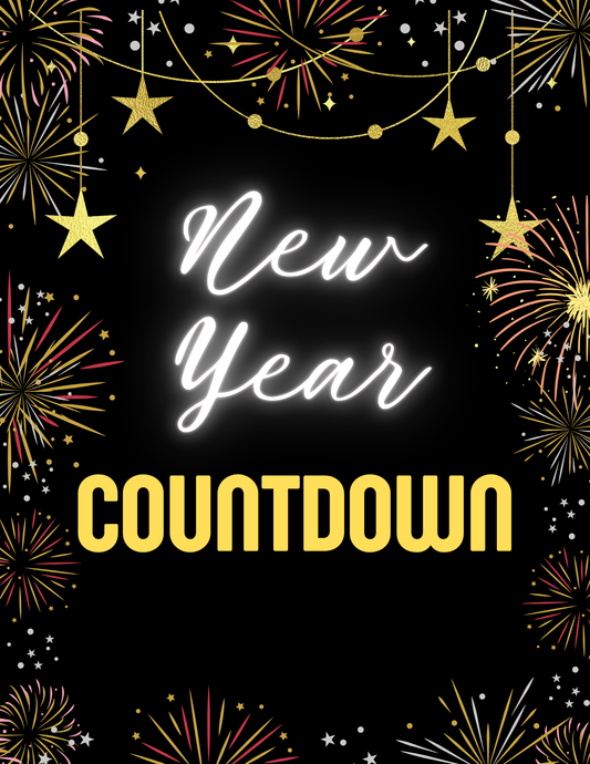 The Wondermom Shop's New Year Countdown Kit includes a stylish poster with vivid fireworks, golden stars, and an interactive "New Year Countdown" board on an elegant black background.