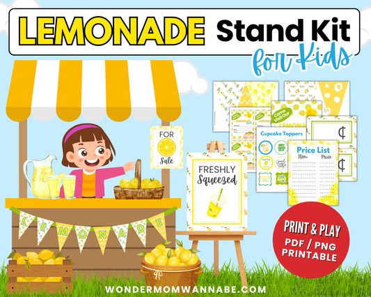 Wondermom Shop’s Lemonade Stand Kit for Kids – Printable Pretend Play Fun! includes signs, a price list, and cupcake toppers. Features a smiling girl serving lemonade under a yellow-striped awning.
