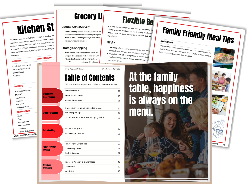 Collection of printed materials including Stress-Free Family Dinners: Real Solutions for Busy Families with Picky Eaters, grocery lists, and family meal tips, with a photo of a family enjoying a meal together by Wondermom Shop.
