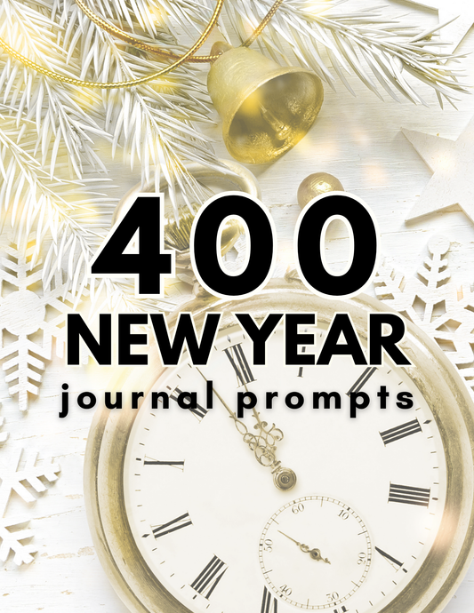 A festive image with the text "New Year Journal Prompts" from Wondermom Shop, featuring a clock, golden bell, snowflakes, and white pine branches. Ideal for personal growth and goal setting in the new year.