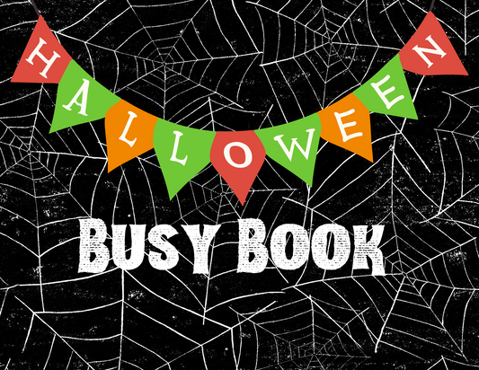 A banner featuring the text "Halloween Busy Book for Kids" from Wondermom Shop is set against a spiderweb backdrop. Triangular flags in red, green, and orange spell out "HALLOWEEN," showcasing the delight of learning through play with Halloween-themed activities.