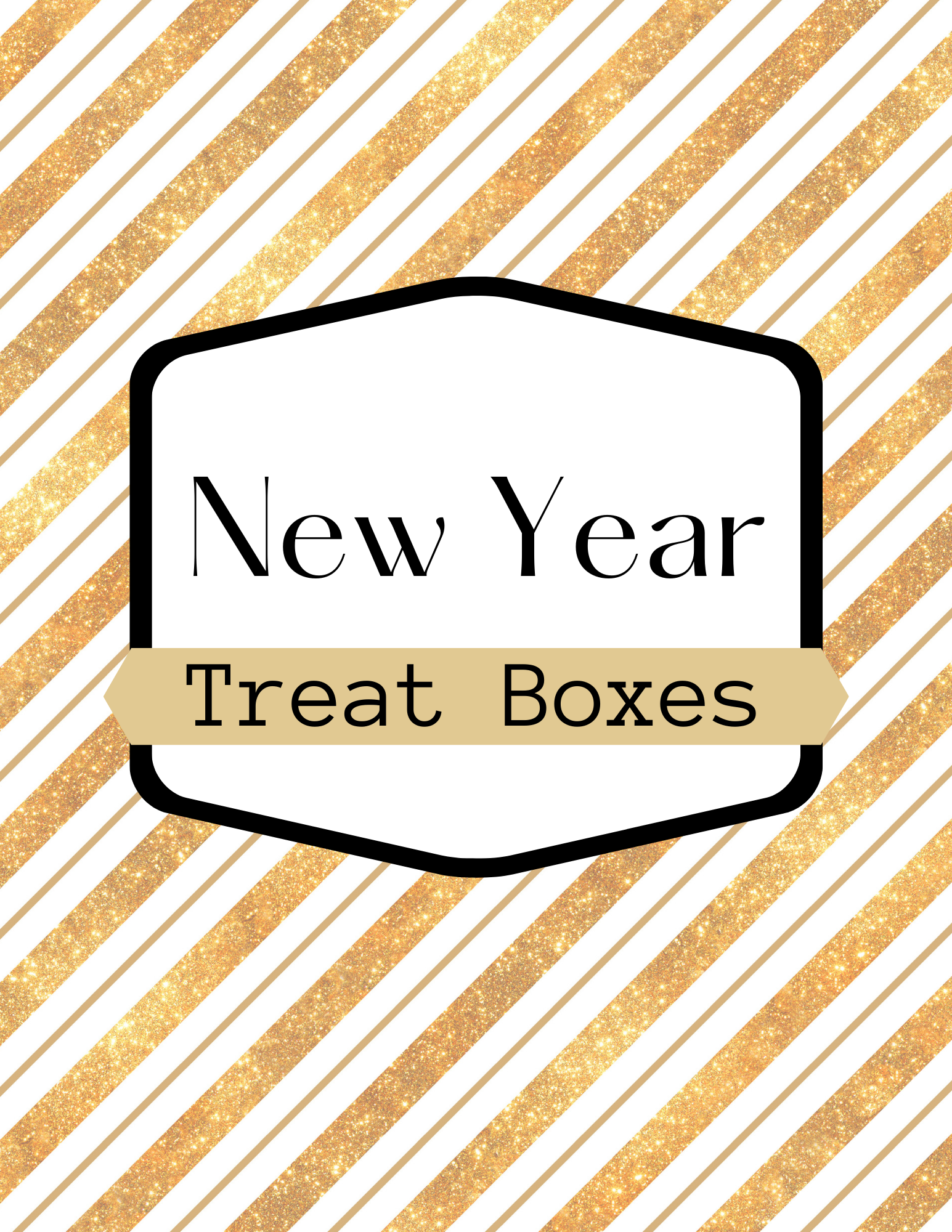 White and gold striped background with "Wondermom Printables New Year Treat Boxes" label. These festive boxes offer customizable options, perfect for stylish New Year celebrations.
