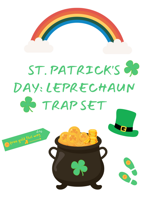 St. Patrick’s Day graphic features a rainbow, gold pot, green hat, shamrocks, and footprints. It says: "Leprechaun Trap Printable Set" and "Free gold this way." Product: St. Patrick’s Day Leprechaun Trap Printable – Fun DIY Activity for Kids! by Wondermom Shop.