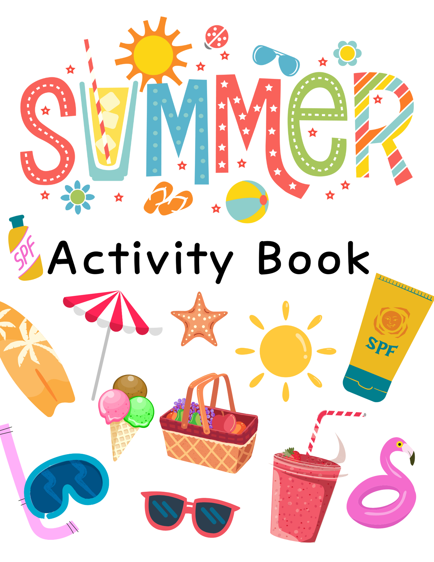 Bright "Printable Summer Activity Book" cover from Wondermom Shop, featuring playful summer icons—this screen-free activity book keeps kids entertained all season.