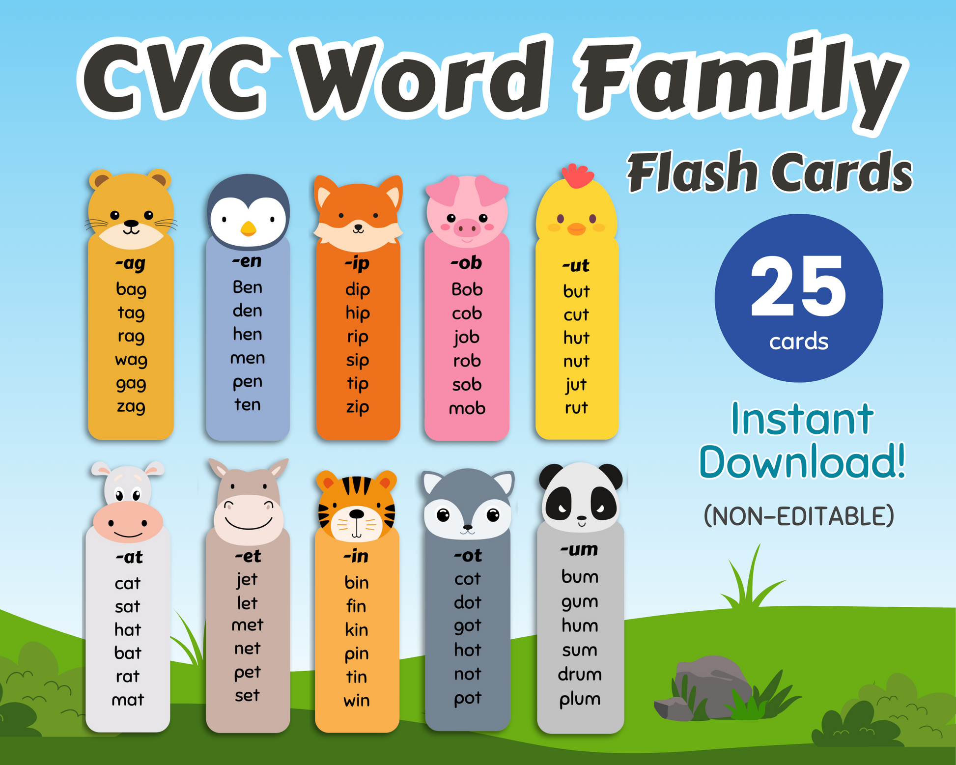 Illustration of "Printable CVC Word Family Flashcards" featuring 25 cards with cute animal characters and word endings for phonics skills education from Wondermom Shop.