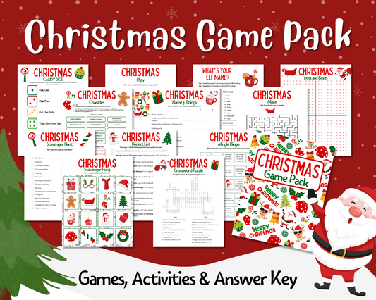 Introducing the Ultimate Printable Christmas Game Pack from Wondermom Shop, showcasing a delightful assortment of activity sheets such as crosswords, scavenger hunts, and Christmas trivia. Each sheet is adorned with cheerful backgrounds complete with Santa illustrations, making it the perfect choice for holiday games and festive fun!