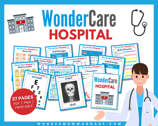 The Wondermom Shop Pretend Play Hospital Printable Kit for Kids includes 37 pages of dramatic play printables like X-rays, medical forms, staff badges, and more—perfect for a fun WonderCare role play hospital setup.